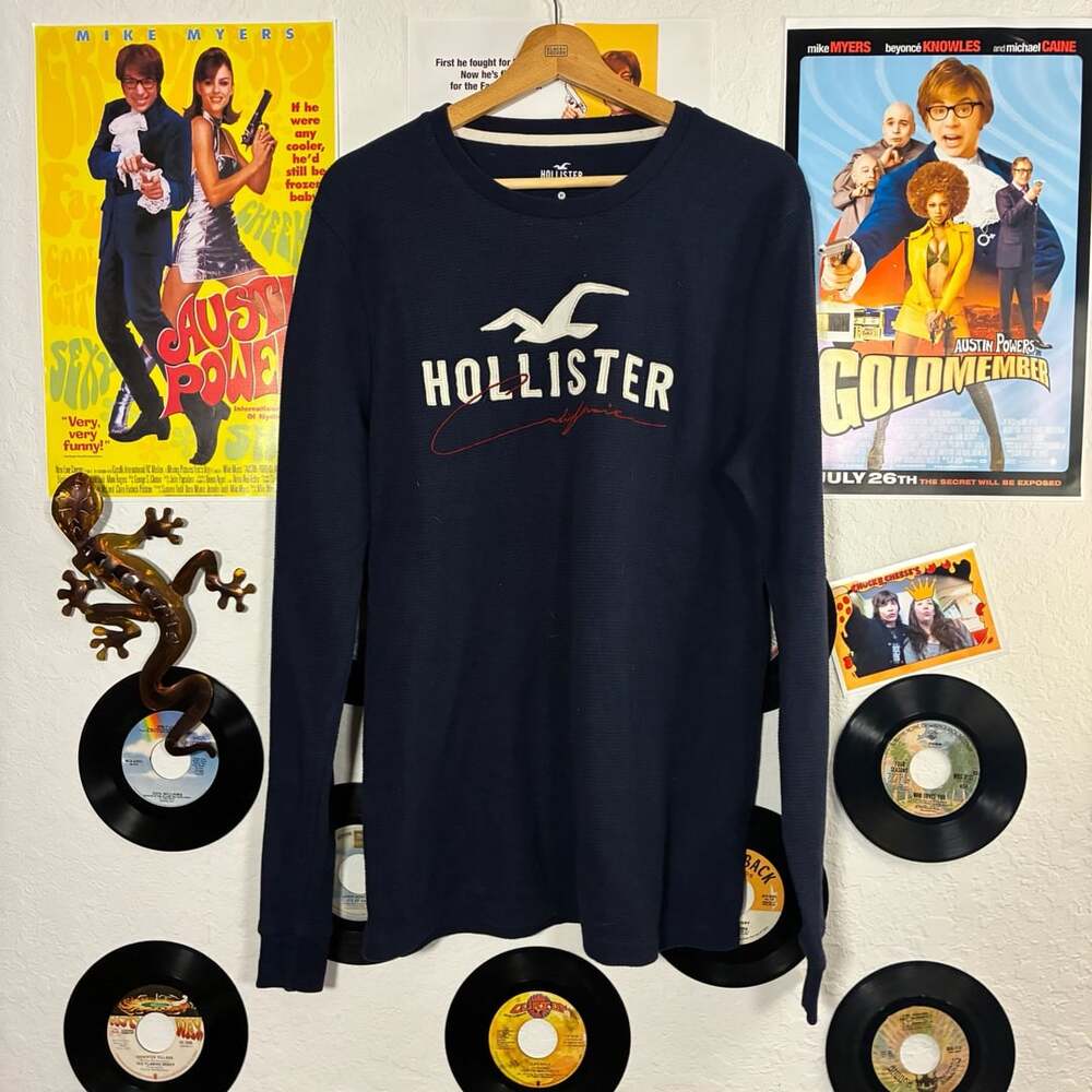 Hollister Waffle Knit Long Sleeve Shirt Size M Navy Blue Logo